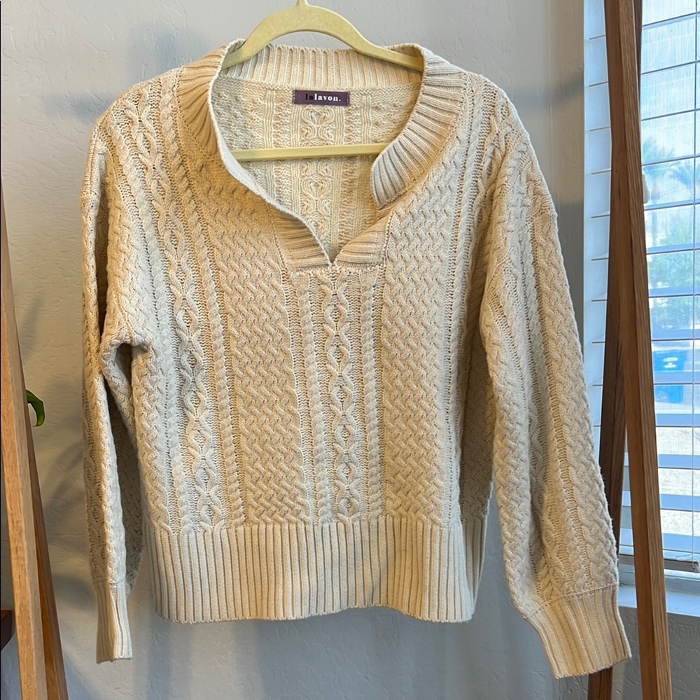 Cream V-Neck Cable Knit Sweater